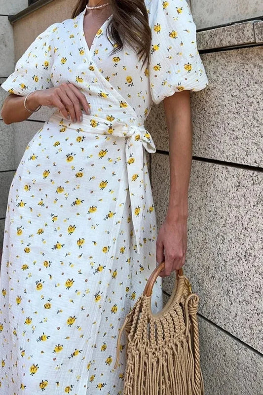 Casual Women's Summer Dresses 100% Cotton Floral Print A-line Midi Dress with Side Slits Long Elegant White Dress for Women 2024